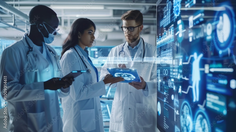 Poster three doctors are looking at a computer screen with a medical image