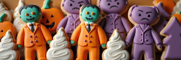 Obraz premium Fun and festive Halloween-themed cookies featuring colorful spooky characters, perfect for seasonal celebrations and tasty treats for parties.