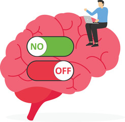 Businessman turns on or off the brain switch. Open or close the world of ideas. Flat vector illustration

