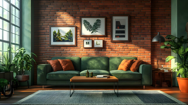 Modern Living Room Interior Design with Brick Wall and Green Sofa - 3D Illustration