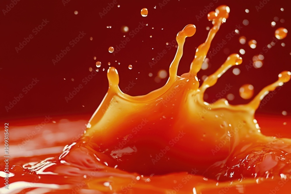 Poster a close-up shot of a red surface with a splash of liquid, suitable for use in advertising, packaging