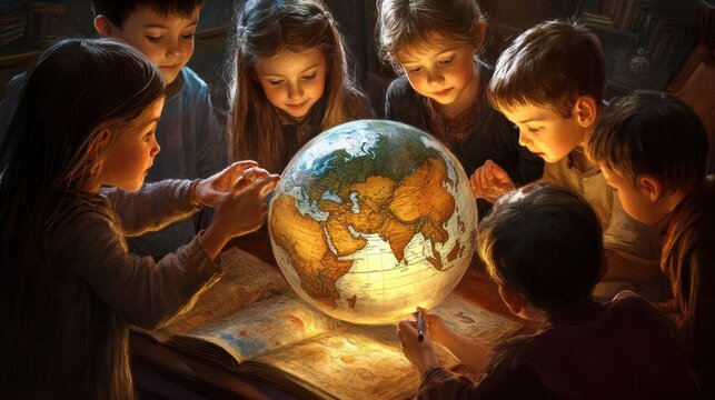 A group of curious children are gathered around a globe, exploring different countries and learning geography - Powered by Adobe