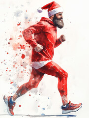 Man with beard, wearing red sportswear and Santas hat running, illustration on white background