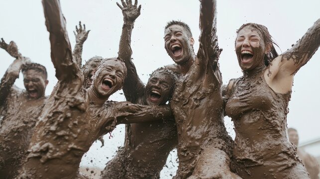 A group of friends covered in mud celebrating after completing a muddy obstacle course at the Boryeong Mud Festival.