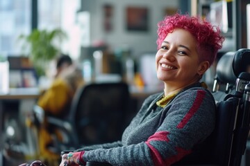 A woman with bright pink hair sits comfortably in her wheelchair, perfect for healthcare, disability awareness or simply as a unique profile picture
