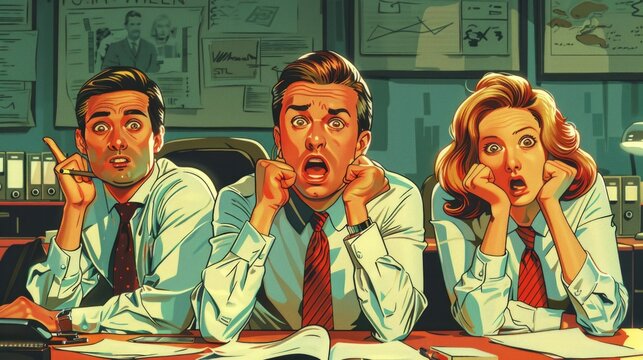 Naklejki Office scene: 1950s style, 3 employees shocked. Man on left thoughtful, middle man tense, woman surprised. Intense reaction, unclear context in image details.
