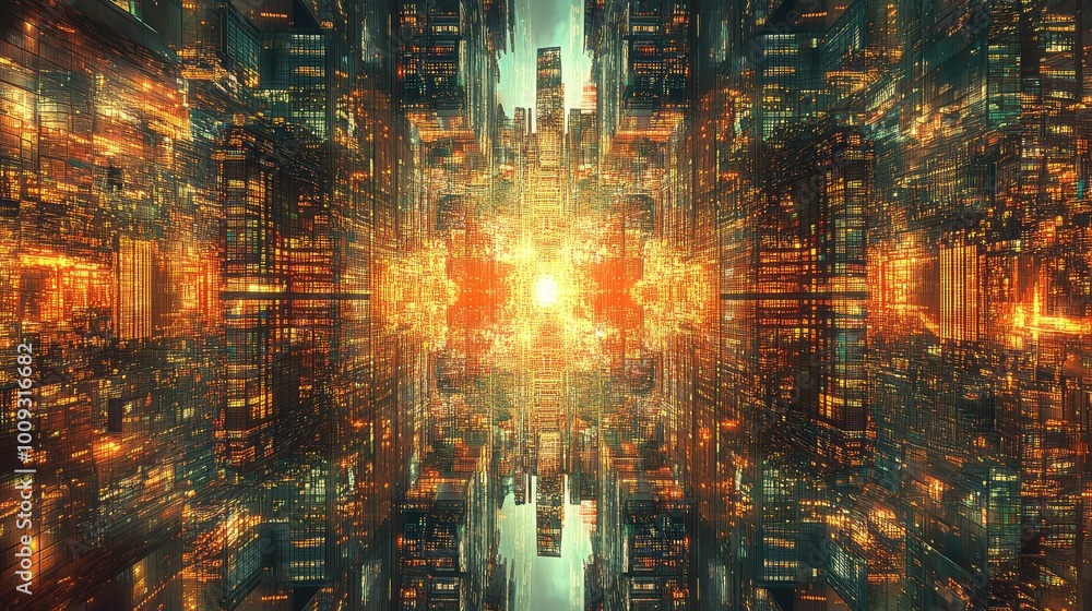 Poster a metropolis built from reflective materials, where every surface captures and reflects light, creat