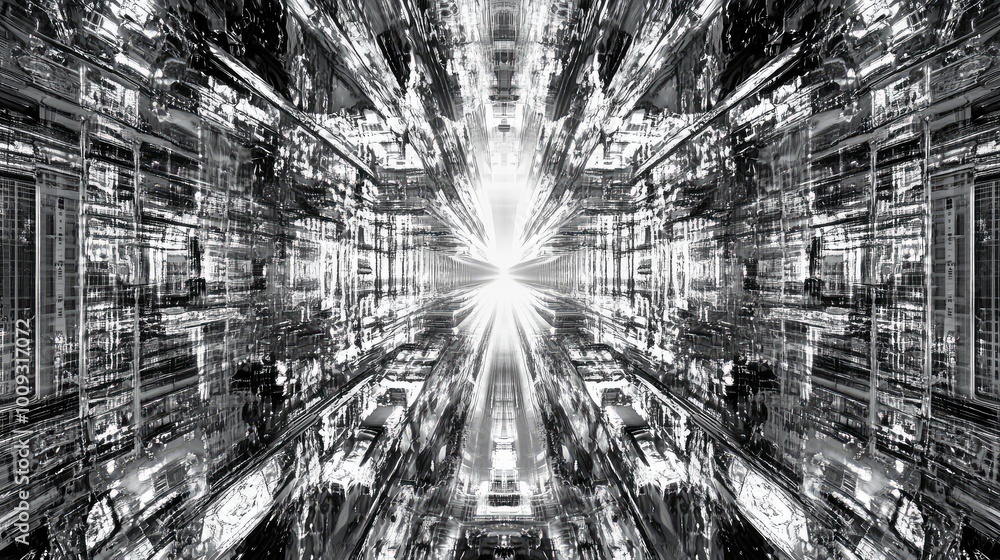 Poster a metropolis built from reflective materials, where every surface captures and reflects light, creat