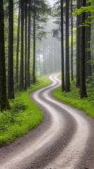 Fototapeta premium A tranquil summer landscape features a fog-covered beech forest with a winding dirt road surrounded by vibrant green meadows. Nature displays its beauty in every corner