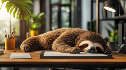 A relaxed sloth peacefully sleeps in an office space. embracing a tranquil and unconventional workplace vibe