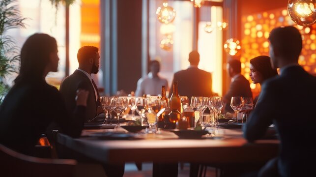 A professional and diverse team lunch meeting at a restaurant for networking. Collaboration. And discussion among colleagues in a corporate environment. Focusing on teamwork. Brainstorming