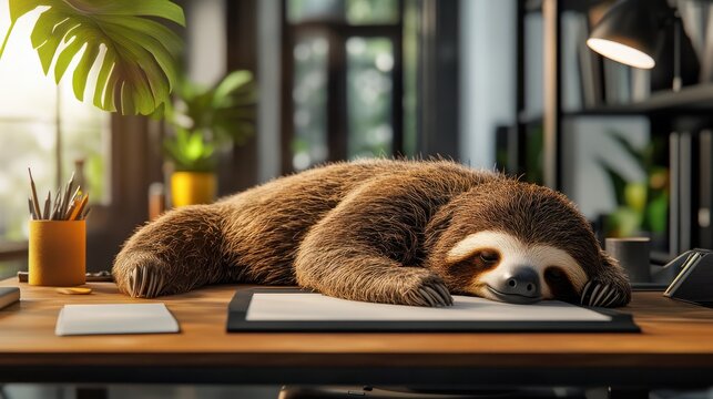 A relaxed sloth peacefully sleeps in an office space. embracing a tranquil and unconventional workplace vibe