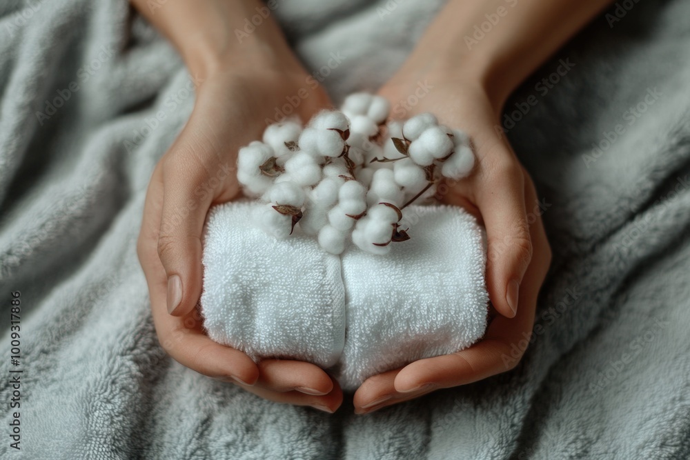 Wall mural A person holds a white towel and a bunch of cotton flowers, suitable for various uses such as still life photography or decorative arrangements