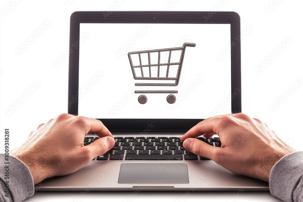 Poster a person sitting in front of a laptop with a shopping cart open on the screen, showing online shoppi