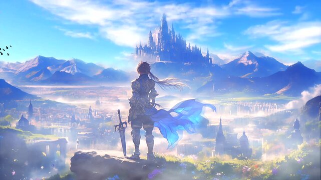 Epic hero in armor standing on cliff overlooking vast fantasy kingdom at sunrise. Adventure storytelling concept