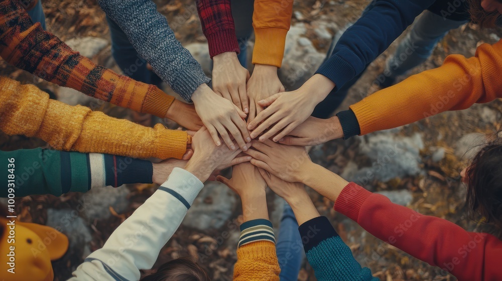 Poster a top-down view of a group of friends stacking their hands together, symbolizing unity, teamwork, an