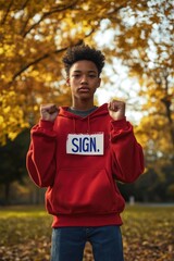 Fototapeta premium A young man posing for a photo wearing a bright red hoodie