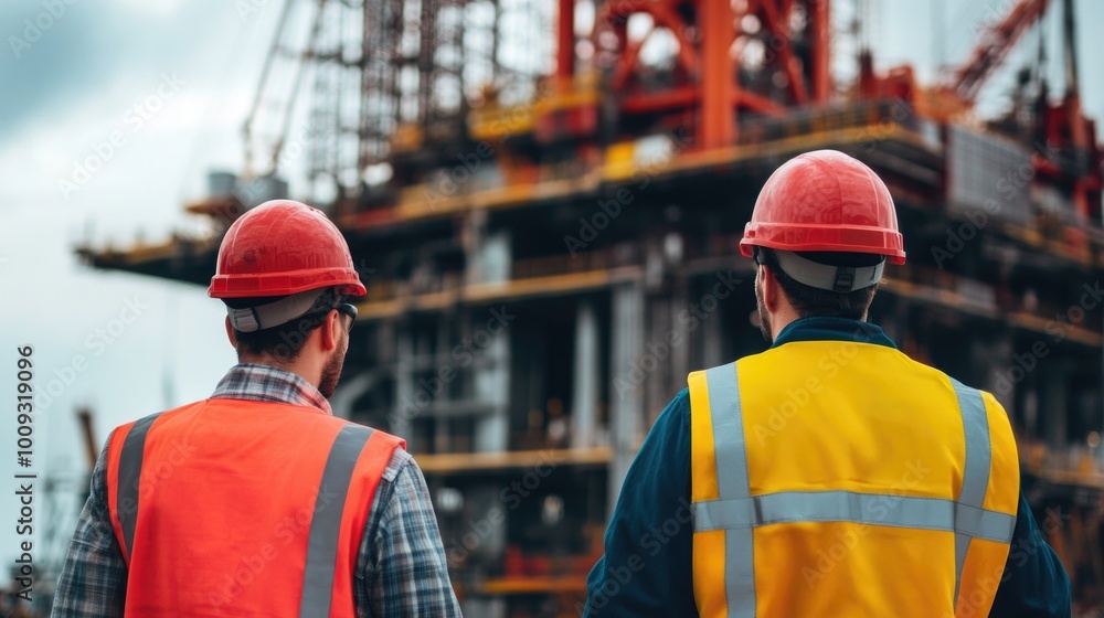 Poster two men in hard hats and vests stand outside a structure under construction, with tools and material
