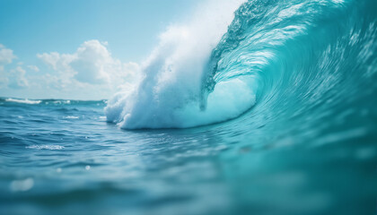 Obraz premium a large and beautiful ocean wave, against a blue sky background, a paradise seascape