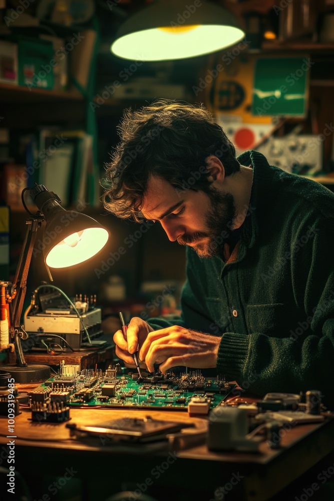 Aufkleber man assembles electronic components on a printed circuit board