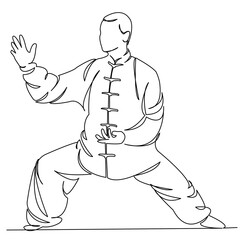 One continuous single drawing line art doodle qigong, chinese, exercise, people, health, sport, concentration, spirituality. Isolated flat illustration hand draw contour on a white background
