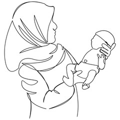 One continuous single drawing line art doodle woman, child, newborn, doctor, baby, muslim. Isolated flat illustration hand draw contour on a white background
