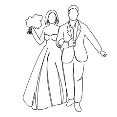 One continuous single drawing line art doodle love wedding couple white romantic wife celebration husband. Isolated flat illustration hand draw contour on a white background

