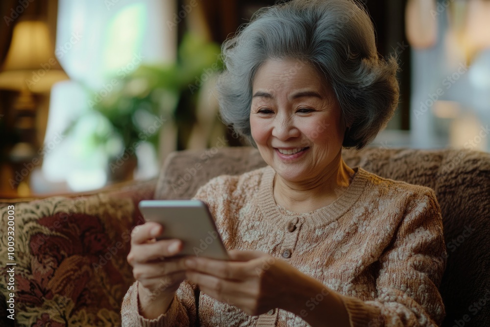 Poster a person relaxing on a sofa while using their mobile device