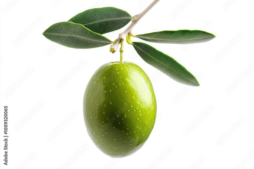 Poster a single green apple hangs from a tree branch surrounded by lush leaves