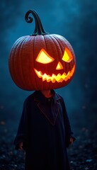A spooky Halloween scene featuring a child with a carved pumpkin head. Perfect for Halloween promotions, decorations, and festive events.