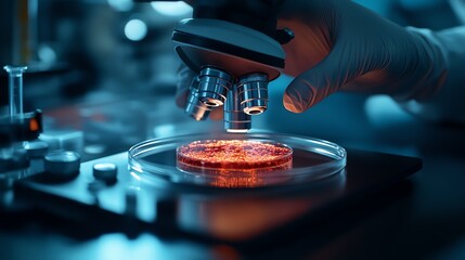 Laboratory researcher examining a glowing petri dish under a hightech microscope, biotechnology, lab research