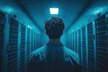 a hacker in a dimly lit prison cell captured in sharp focus highlighting the tension in the scene as artificial intelligence blends with human emotion in a thoughtprovoking composition