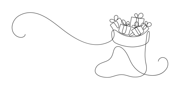 recommend clip art: Christmas sock full of gifts. Continuous line drawing. Santa Clause gifts. Saint Nicholas Day, Christmas, Xmas or New Year greeting.