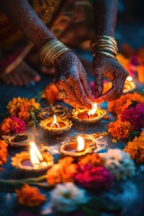 A woman lights candles surrounded by a circle of flowers