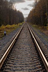 The railway track stretches into the distance towards the horizon, autumn time