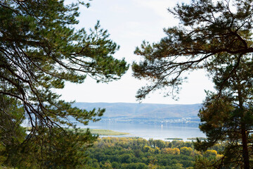 lake in the forest. Autumn landscape with dense trees and vibrant foliage under a clear blue sky. from a bird's eye view. Scene of unspoiled nature.