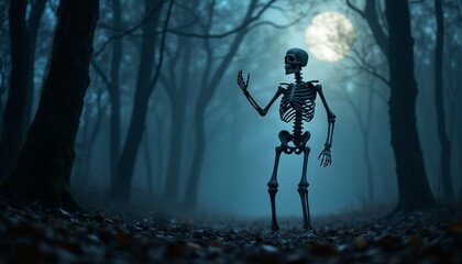 Obraz premium Skeleton ghost on a dark night in the forest, moonlight and mysterious setting, Halloween