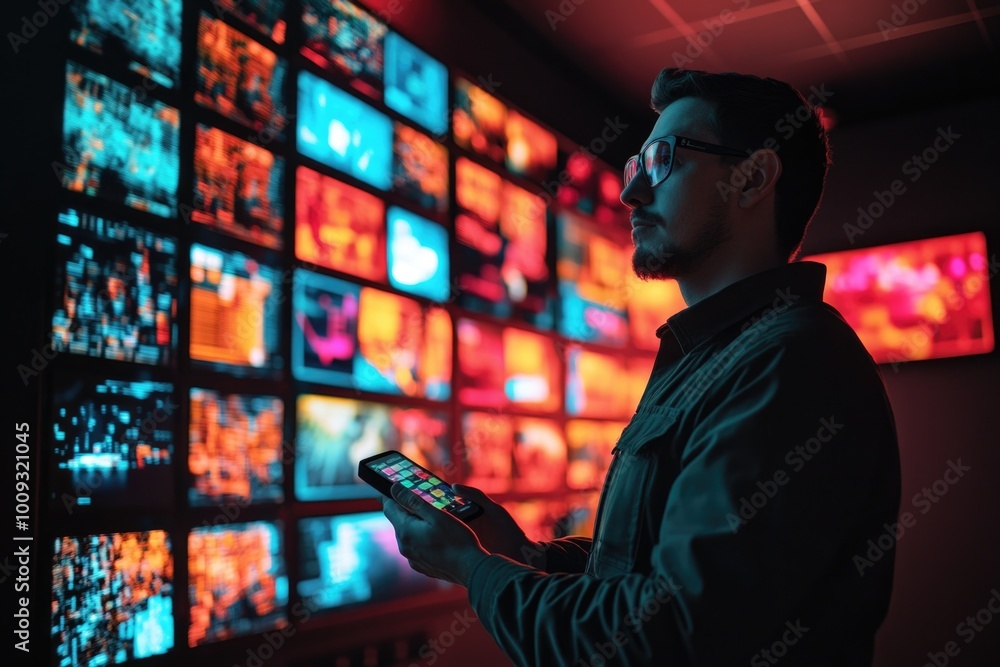 Aufkleber A person standing in front of a large display screen wall with multiple TVs