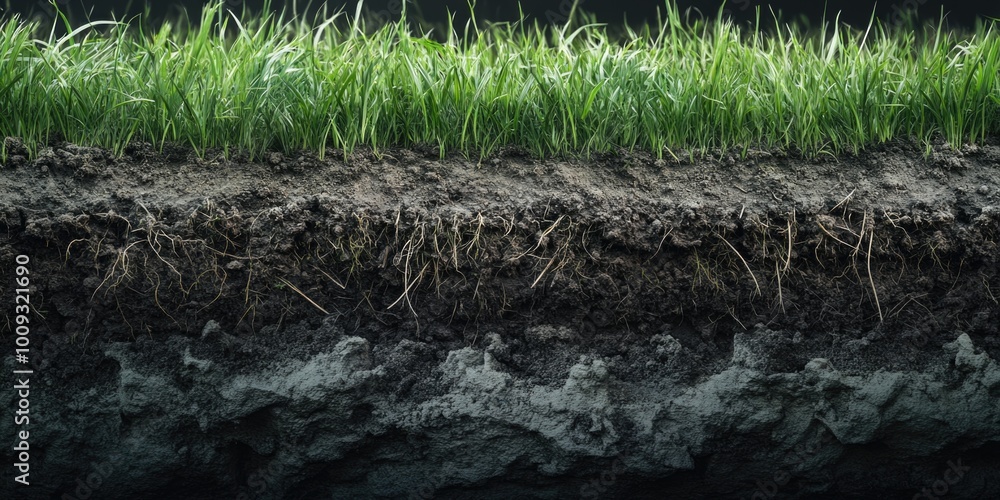 Poster close-up of dirt with grass growing, suitable for use in illustrations or designs about nature and t