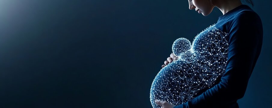 Pregnant woman holding her belly, with a 3D projection of the fetus floating beside her, prenatal care, maternal health