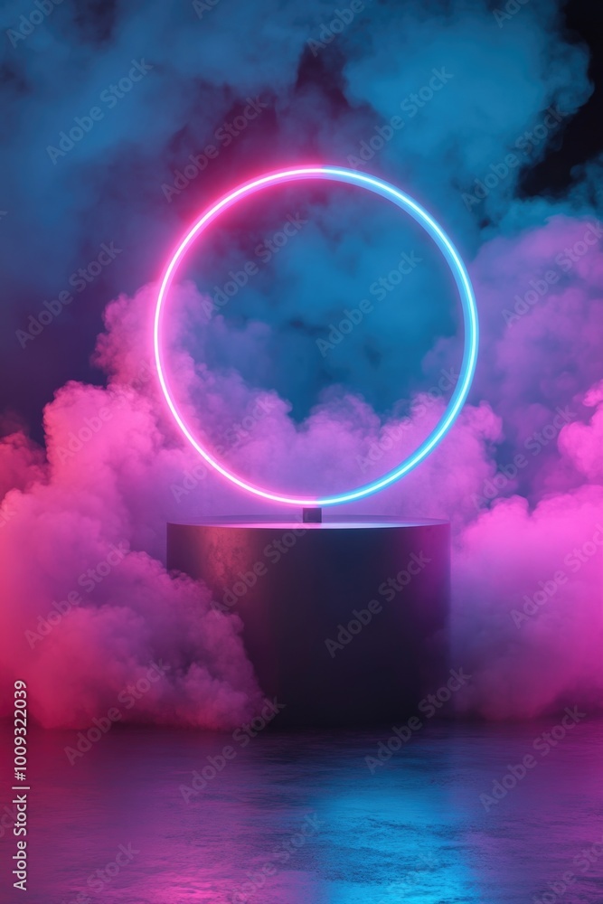 Poster a neon circle is seen floating in a cloud-filled sky, offering a pop of color against the blue and w
