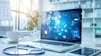 A laptop screen shows a map of the world with various icons and lines