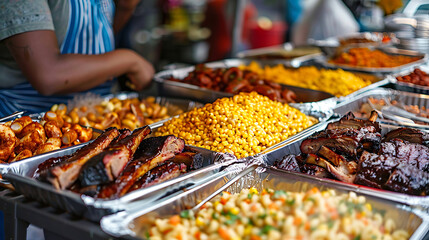 A diverse market stand in Detroit featuring a variety of soul food dishes including BBQ ribs, mac and cheese, and cornbread.