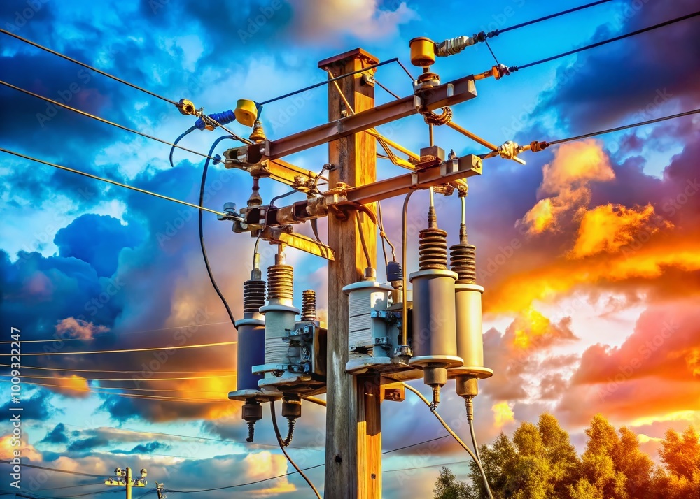 Poster high voltage recloser device on utility pole for power restoration after outage in electrical networ
