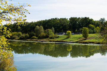 lake in the park. Beautiful river backwater in the autumn. Green and lush vegetation with reflection on the water surface. Scene of unspoiled nature.