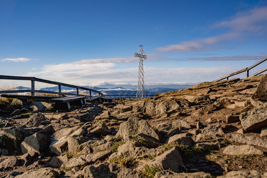 Tarnica Peak in Bieszczady on a Crisp Autumn Morning with Cross and Clear Blue Sky