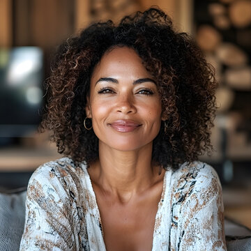 Portrait lumineux d'une femme confiante dans un salon chaleureux. Ses cheveux naturels et son regard confiant donnent une sensation de s&eacute;r&eacute;nit&eacute; et de simplicit&eacute;.
