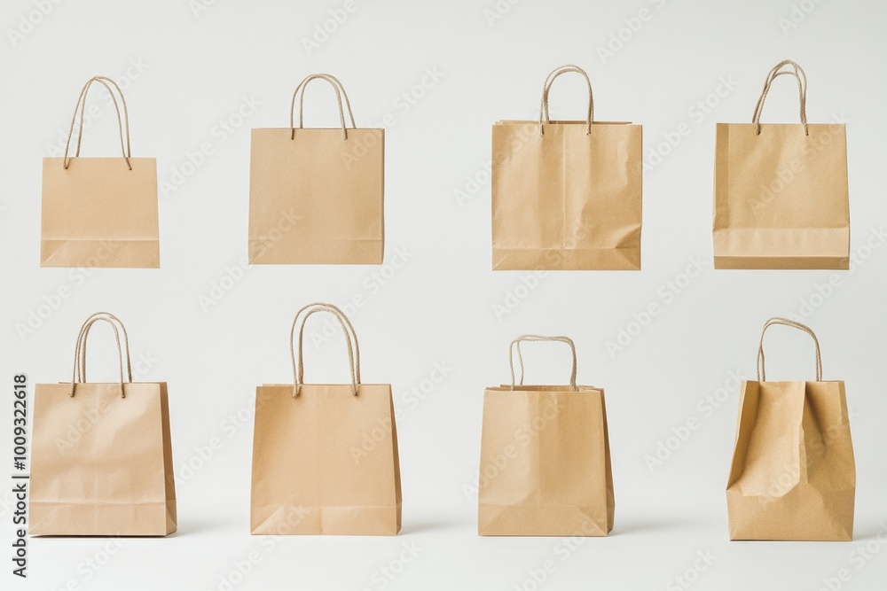 Aufkleber a collection of brown paper bags sitting on a clean white surface, ideal for use in still life photo