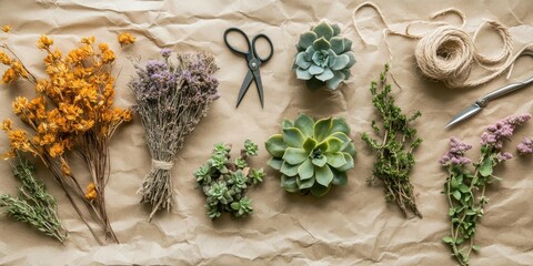 A collection of dried flowers and succulents arranged for crafting or decoration.