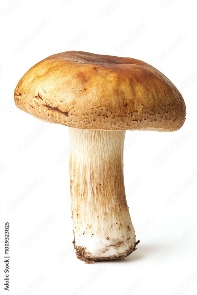 Poster close-up of a single mushroom on a plain white surface